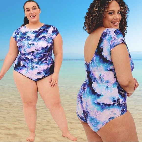 Torrid Blue Ocean Waves Active Wireless Scoop Back One Piece Swimsuit NWT - Picture 2 of 14